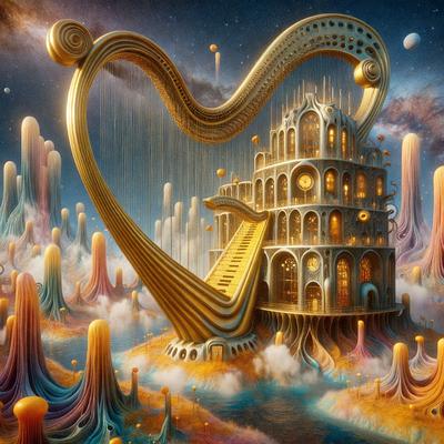 The primary subject of the image is a large, ornate, and colorful building with a gold heart-shaped harp on top. The building is situated in a whimsical, fantastical landscape with a variety of colorful and surreal elements. The setting includes a staircase leading to the building, and the background features a sky filled with stars. The visual style of the image is a combination of digital art and illustration, creating a vibrant and imaginative scene. The colors and mood of the